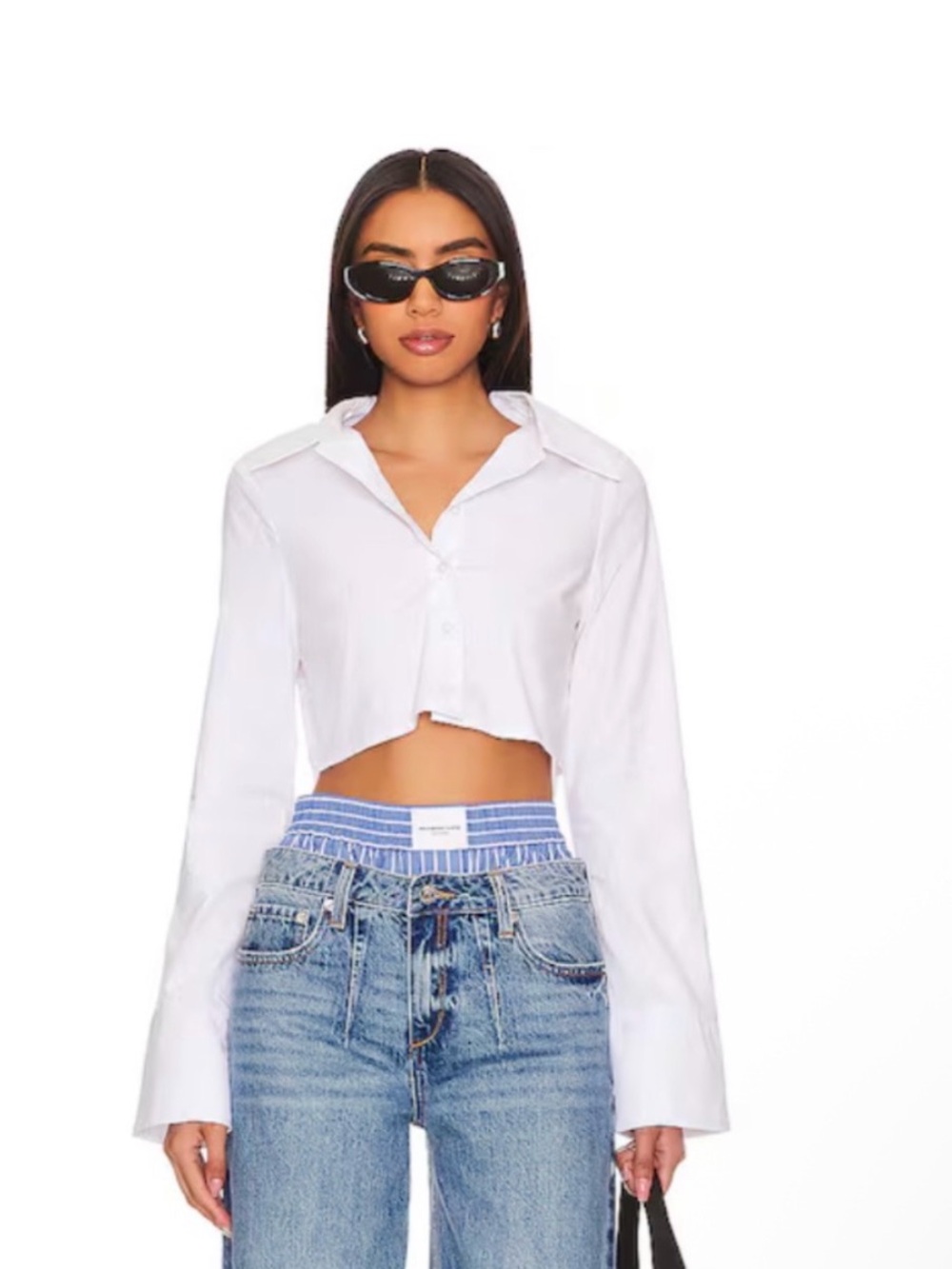 Cropped White Button-Up Shirt with Open Collar-SNDYS-Revolve